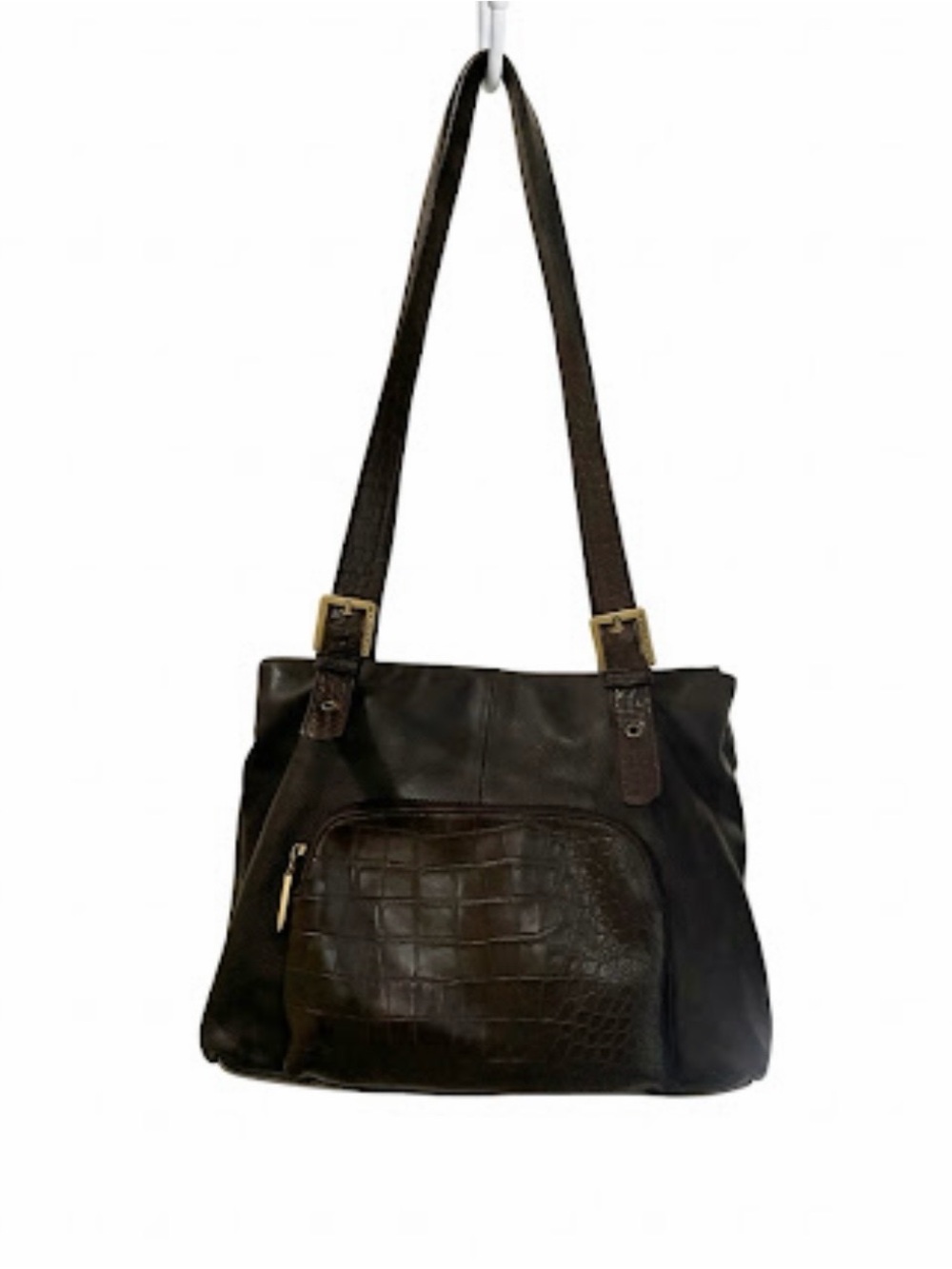 Stone & Co. Dark Brown Leather Shoulder Bag with Croc-Texture Front Pocket Y2K